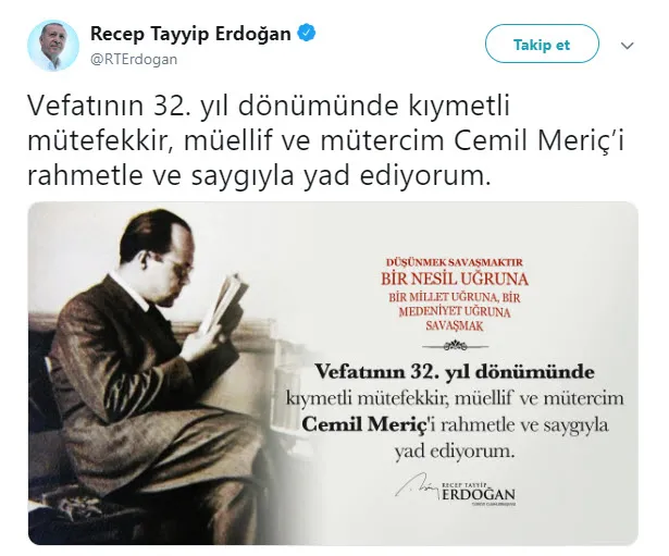 Başkan Erdoğan’dan Cemil Meriç mesajı