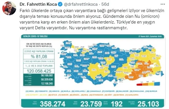 Türkiye'nin SON DAKİKA günlük Covid-19 tablosu | Sağlık Bakanlığı vaka vefat aşılama rakamları (27 KASIM 2021) - 3