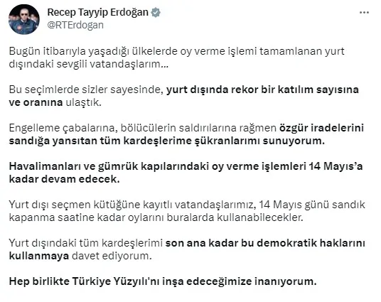 1683644003721.jpg Başkan Erdoğan'dan yurt dışında yaşayan vatandaşlara çağrı: Son ana kadar demokratik hakkınızı kullanın - 5
