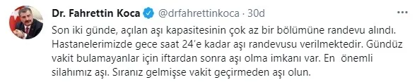 Sağlık Bakanı Fahrettin Koca’dan Kovid-19 aşı randevusu açıklaması