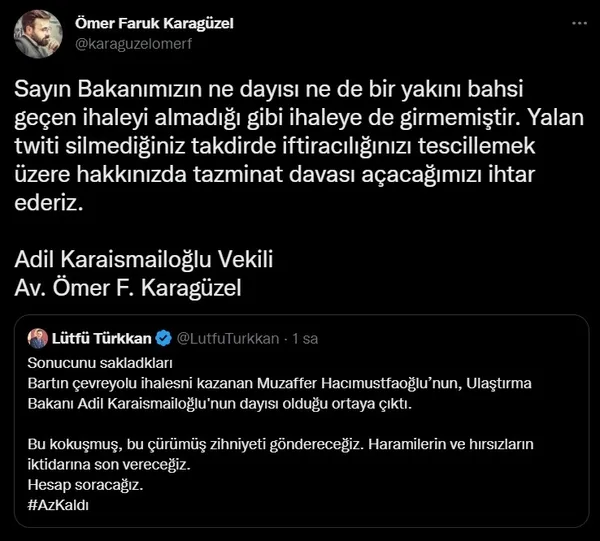 İYİ Partili Türkkan’dan Bakan Karaismailoğlu’na iftira! Avukatı açıkladı: Ne dayısı ne de bir yakını bahsi geçen ihaleyi almadı