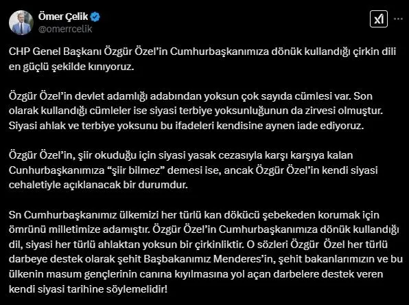 AK Parti Sözcüsü Ömer Çelik’ten Özgür Özel’e tepki! Siyasi ahlak ve terbiye yoksunu