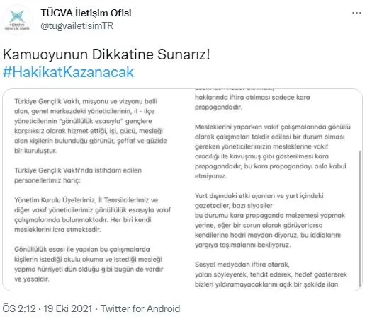 TÜGVA’dan kara propagandaya girişenlere hodri meydan! ’’Bu iddialarını yargıya taşımalarını bekliyoruz’’