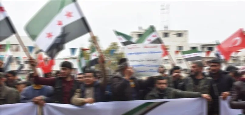 Münbiç'te halk terör örgütü YPG/PKK ve Esad rejimini protesto etti