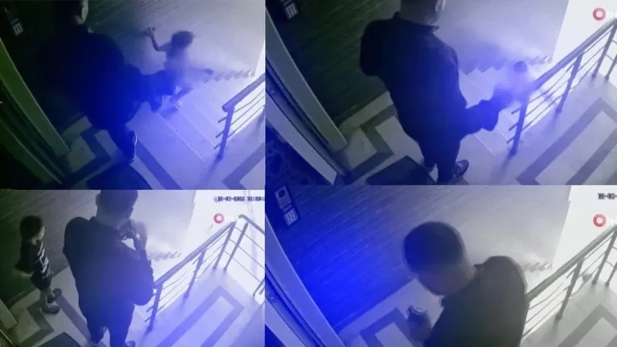 Baba değil canavar! Tekme attığı çocuğu merdivenden yuvarlandı