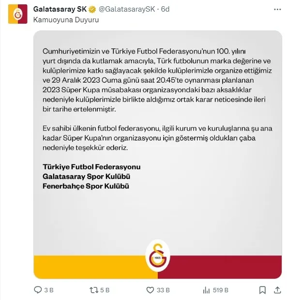Süper Kupa ertelendi! TFF, Galatasaray ve Fenerbahçe'den resmi açıklama geldi - 3