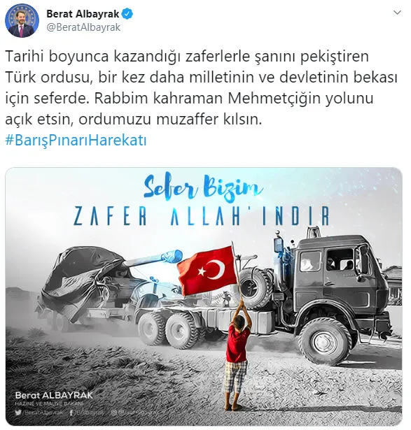 Bakan Berat Albayrak’tan Zeytin Dalı Harekatı şiiriyle Barış Pınarı Harekatı’na destek