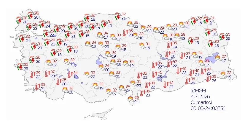 4 Temmuz Cumartesi hava tahmin haritası