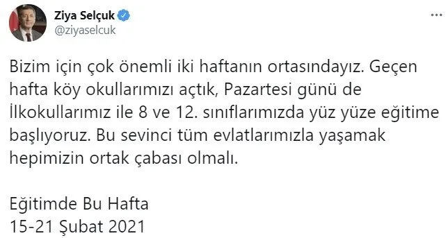Son dakika: Milli Eğitim Bakanı Ziya Selçuk’tan yüz yüze eğitim açıklaması