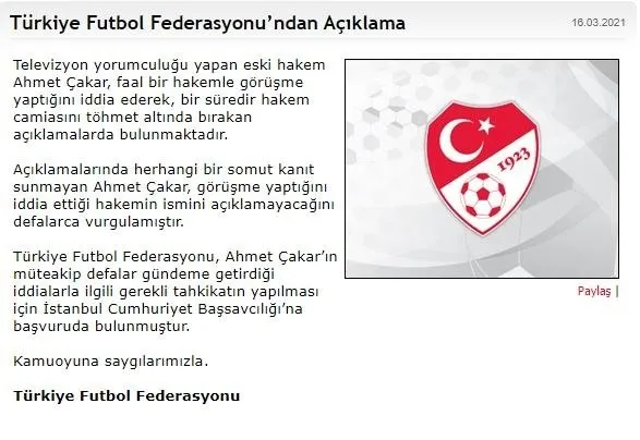 Ahmet Çakar’ın hakem iddiaları hakkında TFF’den İstanbul Cumhuriyet Başsavcılığına flaş başvuru!