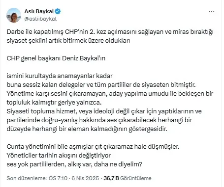 chpnin-saibeli-kurultayi-tepkilerin-odaginda-asli-baykal-ates-puskurdu-cunta-yonetimini-bile-asmislar-1743966281315.jpg Aslı Baykal'ın X üzerinden yaptığı paylaşım