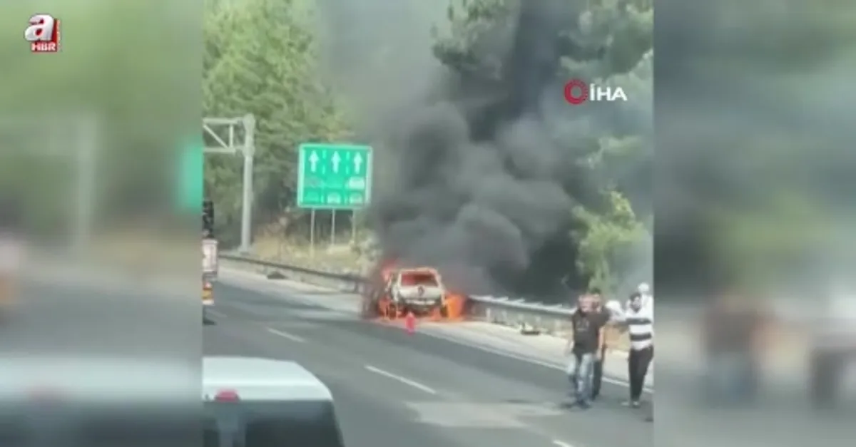 Otoyolda yanan araç orman yangını çıkardı