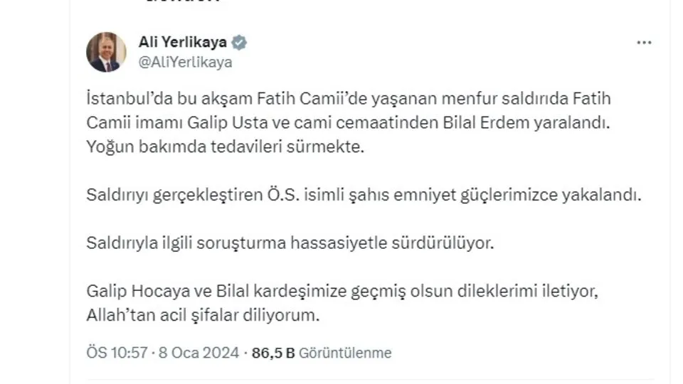 Fatih Camii imamına bıçaklı saldırı! İmam Galip Usta ve cemaatinden Bilal Erdem’in yoğun bakımda tedavileri sürmekte