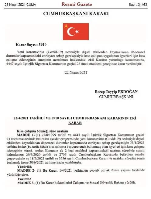 Son dakika: Kısa çalışma ödeneği 3 ay uzatıldı! Karar Resmi Gazete’de yayımlandı - 1