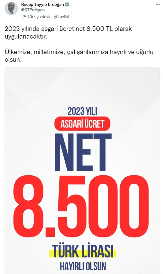 Başkan Recep Tayyip Erdoğan 2023 asgari ücreti açıkladı! Asgari ücret Temmuz’a göre yüzde 54,5 arttı