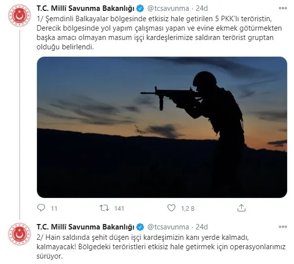 Son dakika: MSB’den flaş açıklama: Şemdinli’de öldürülen PKK’lılar Derecik’te işçilere saldıran terörist grup!