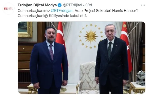 Başkan Erdoğan Arap Projesi Sekreteri Hamis Hancer'i kabul etti - 1