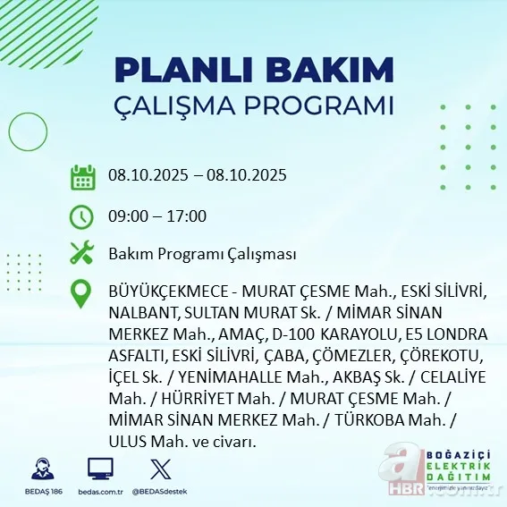 8 EKİM İSTANBUL ELEKTRİK KESİNTİSİ | 9 saat sürecek! Elektrikler ne zaman gelecek? Hangi ilçelerde kesinti olacak? 7