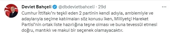 MHP Genel Başkanı Devlet Bahçeli’den seçim ve ortak liste açıklaması