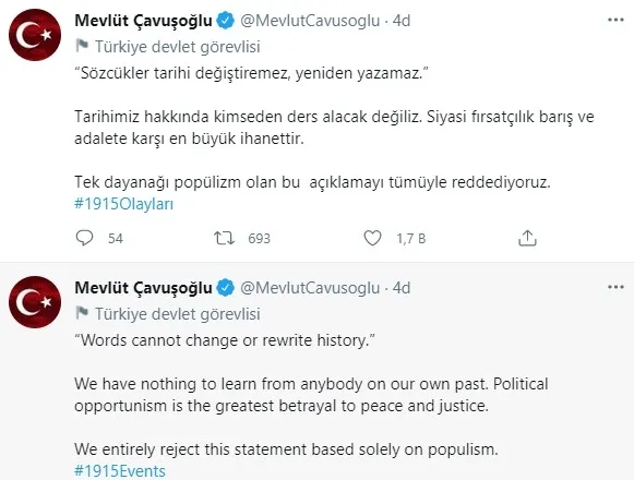 Dışişleri Bakanı Mevlüt Çavuşoğlu’ndan ABD Başkanı Biden’ın soykırım açıklamasına yanıt