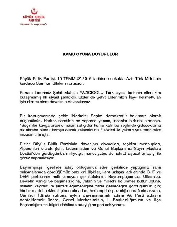 Büyük Birlik Partisi’nden Cumhur İttifakı’na destek! Merhum Muhsin Yazıcıoğlu’nun sözü ile duyurdular: İlay-i Kelimettulah için Nizam-ı Alem davasının davacılarıyız