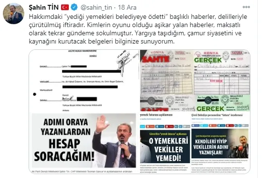 Sözcü - Cumhuriyet - T24 - Birgün’den ‘hayali yemek’ üzerinden yalan ittifakı | AK Partili Şahin Tin yalanı belgeleriyle çürüttü