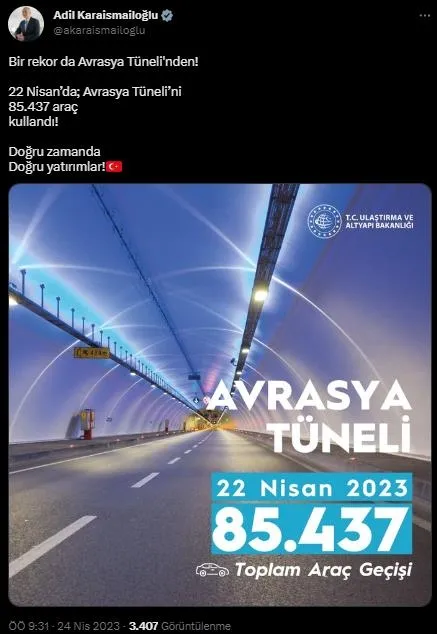 Osmangazi Köprüsü sonrası bir rekor da Avrasya Tüneli’nde! Bakan Adil Karaismailoğlu duyurdu