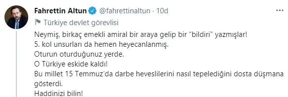 İletişim Başkanı Fahrettin Altun'dan 103 emekli amiralin bildirisine sert tepki! “Haddinizi bilin!” - 1