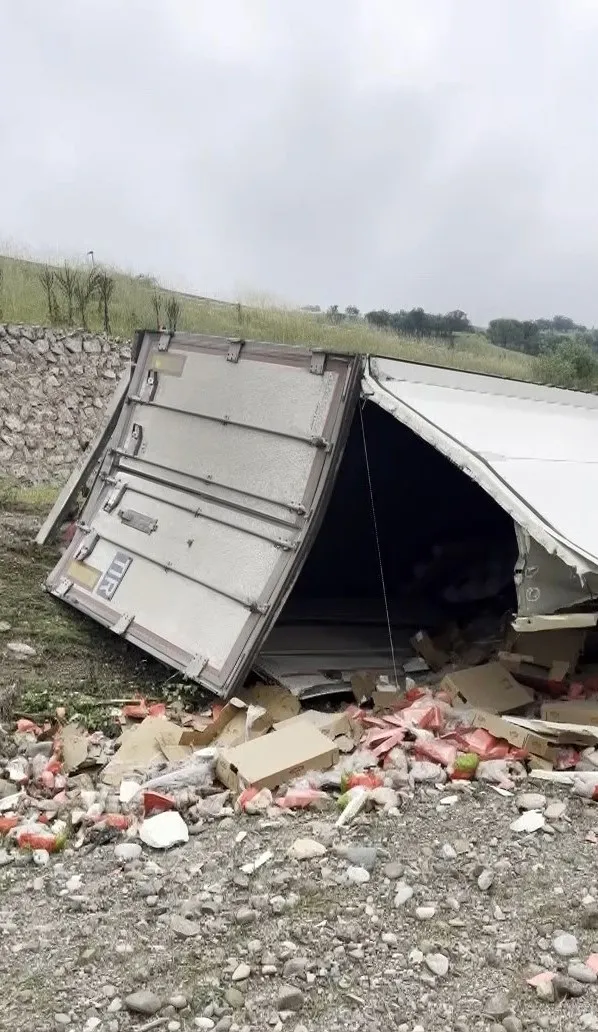 Amasya'da tavuk eti yüklü TIR şarampole devrildi - 2