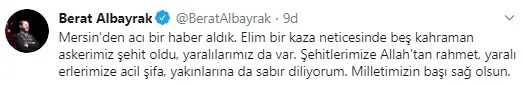 Son dakika haberi: Hazine ve Maliye Bakanı Berat Albayrak'tan Mersin'de şehit olan askerler için başsağlığı mesajı - 1