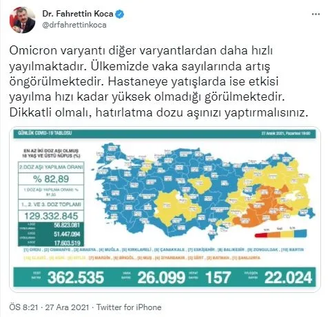 Son dakika: Sağlık Bakanlığı 27 Aralık Pazartesi gününün koronavirüs verilerini açıkladı | İşte vaka ve vefat sayıları - 2