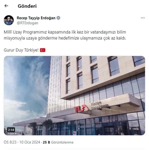 Son dakika | Başkan Erdoğan'dan Milli Uzay Programı paylaşımı: Gurur duy Türkiye - 1
