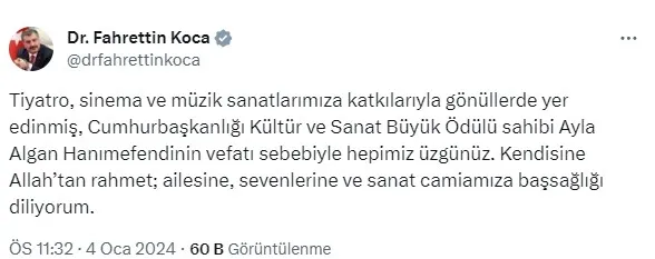 Tiyatro sanatçısı Ayla Algan’a taziye mesajı! Başkan Erdoğan: Hanımefendi’nin vefat haberini üzüntüyle öğrendim