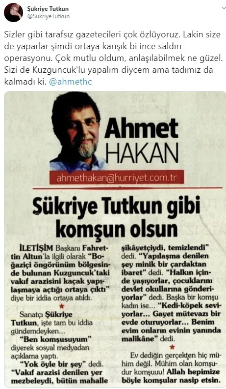 Cumhuriyet Gazetesi şimdi de Fahrettin Altun’un komşusu sanatçı Şükriye Tutkun’u hedef aldı