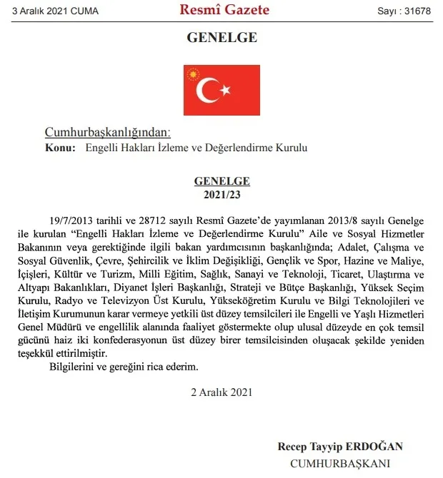 Başkan Erdoğan’dan Engelli Hakları İzleme ve Değerlendirme Kurulu Genelgesi