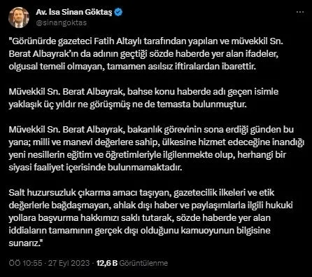 Fatih Altaylı’nın algı operasyonunu Berat Albayrak’ın avukatı bozdu: Tamamen asılsız iftira