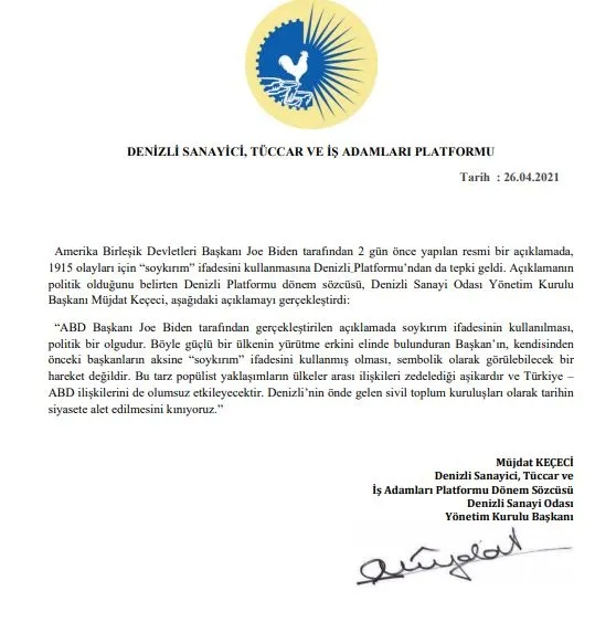 Denizli Sanayici Tüccar ve İş Adamları Platformu’ndan ABD Başkanı Joe Biden’a sert tepki