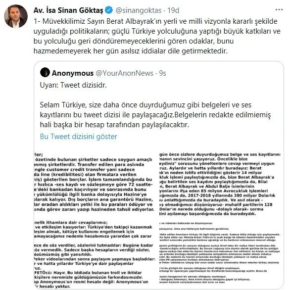 Son dakika: Berat Albayrak’ın avukatı İsa Sinan Göktaş: Anonymous adlı hesabın paylaşımları bütünüyle yalan!