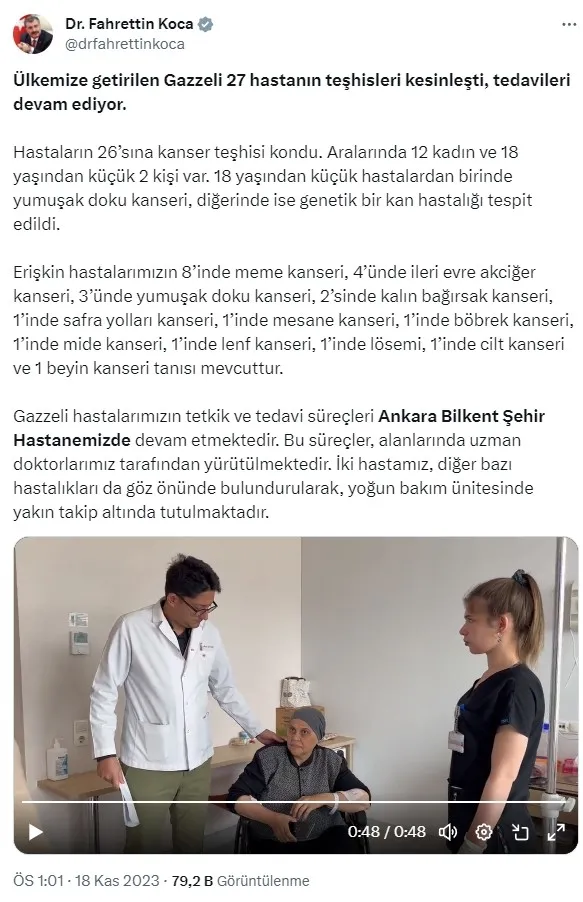 Bakan Fahrettin Koca: Gazzeli 26 hastaya kanser teşhisi kondu