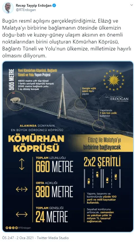 Son dakika: Başkan Recep Tayyip Erdoğan’dan Kömürhan Köprüsü açılışında önemli açıklamalar