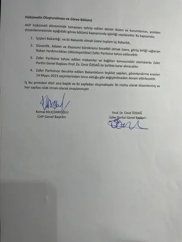 Ümit Özdağ Kemal Kılıçdaroğlu ile imzalanan gizli protokol metnini paylaştı! İşte CHP’nin Zafer Partisi’ne vadettiği koltuklar...
