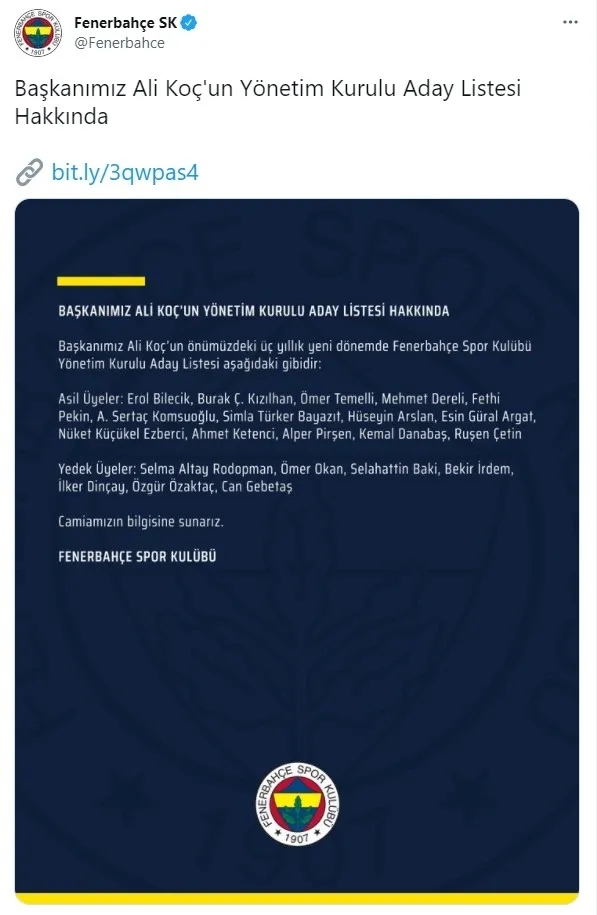 Son dakika: Yönetimde kim yer alacak? Fenerbahçe Kulübü Başkanı Ali Koç listeyi duyurdu