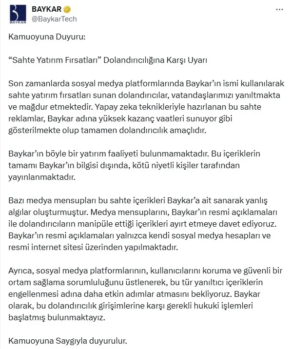 Baykar’dan dolandırıcılık uyarısı! Sahte yatırım fırsatlarına dikkat