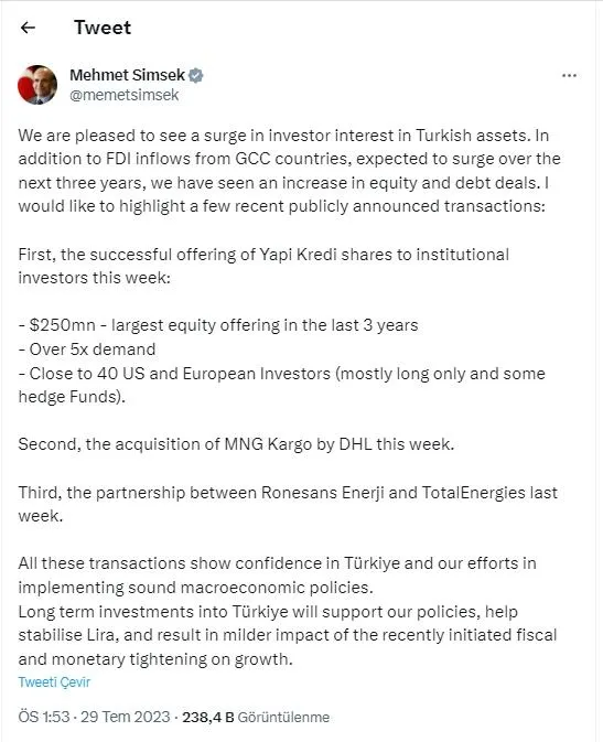 Hazine ve Maliye Bakanı Mehmet Şimşek sosyal medyadan yeni ekonomi politikasının şifresini duyurdu! Yabancı yatırımcılara mesaj