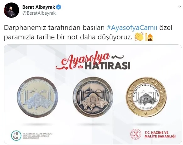 Son dakika: Hazine ve Maliye Bakanı Berat Albayrak Ayasofya Camii için özel para basıldığını açıkladı
