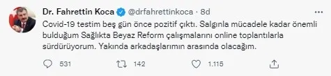 Sağlık Bakanı Fahrettin Koca’nın koronavirüs testi pozitif çıktı