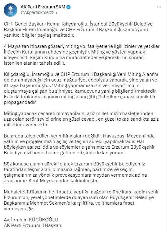 CHP’li İBB Başkanı Ekrem İmamoğlu’ndan Erzurum’da mağdur edebiyatı! AK Parti’nin İstanbul mitingini gölgelemeye çalıştı