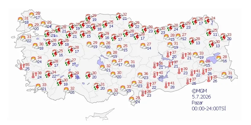 5 Temmuz Pazar hava tahmin haritası