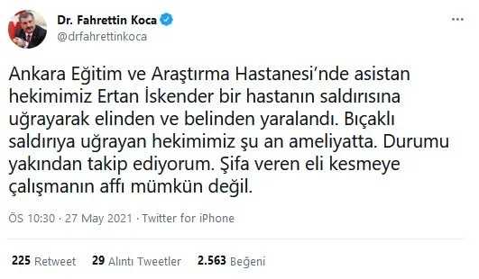 Sağlık Bakanı Fahrettin Koca saldırıya uğrayan asistan hekimle ilgili açıklama yaptı