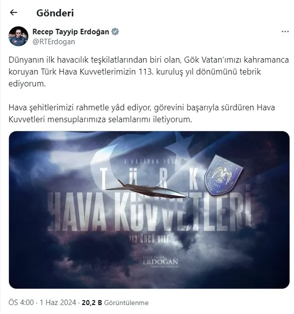 Başkan Erdoğan Türk Hava Kuvvetleri'nin 113'üncü kuruluş yıl dönümünü kutladı - 1